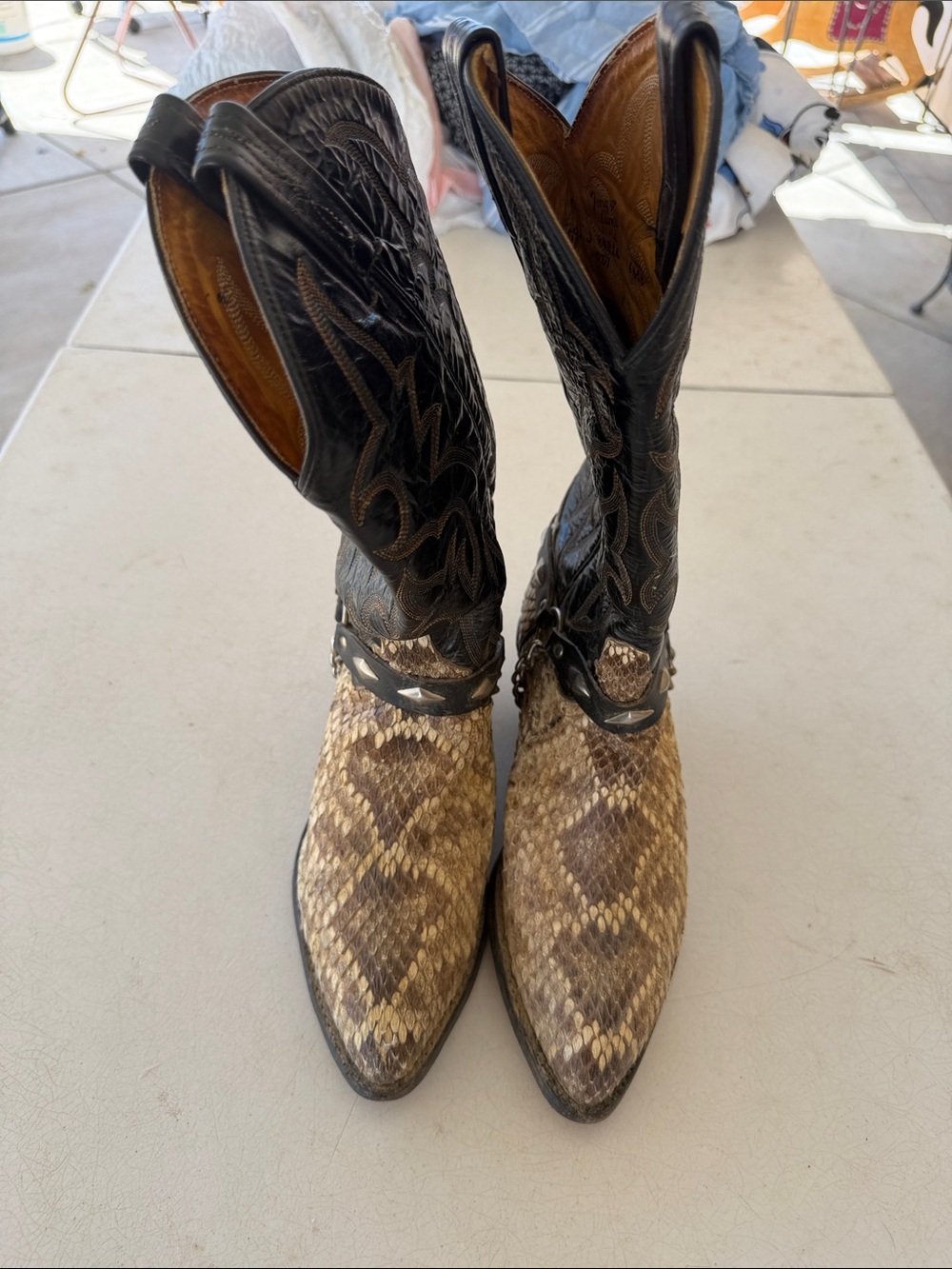 Tony Lama Men's Two-Tone Brown & Black Western Cowboy Boots with Harness Detail